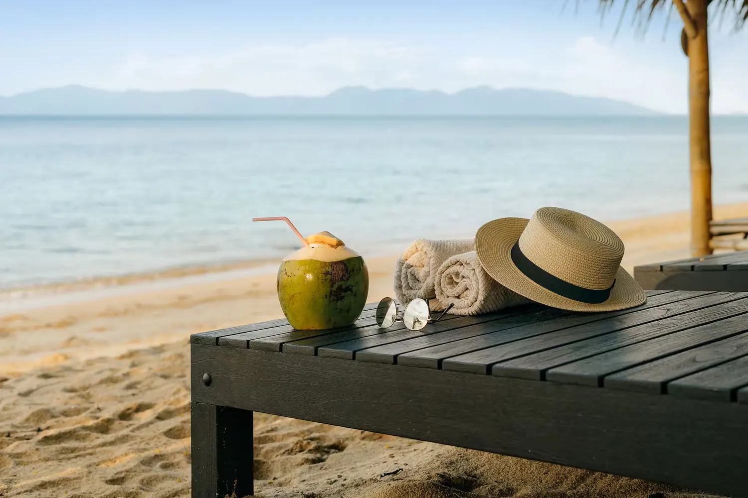 A young coconut with a straw, rolled towels, sunglasses and a straw hat on a dark wooden table beside the sea.