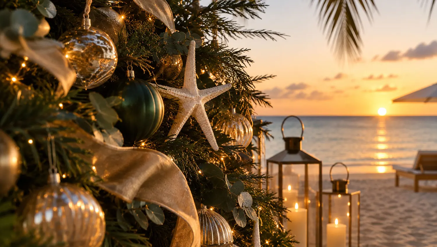 A Christmas tree decorated with gold and green baubles beside lanterns on the sand at sunset.